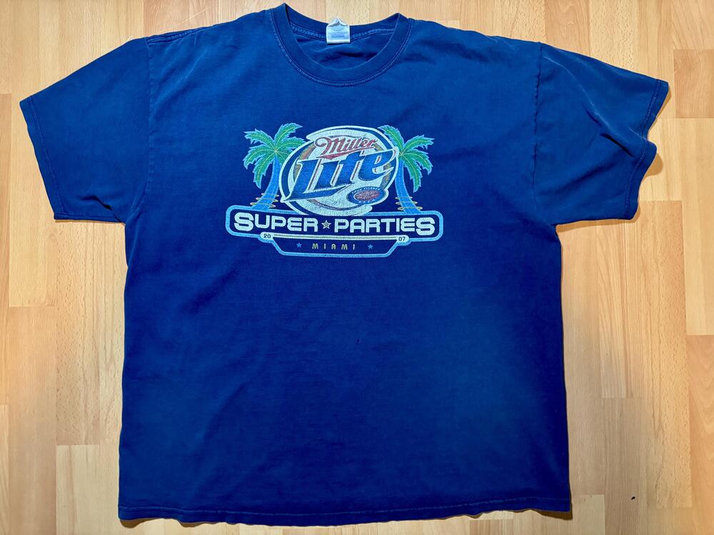 Miller Lite Super Parties Shirt Mens XL Blue Miami 2007 Beer Promo Graphic Tee